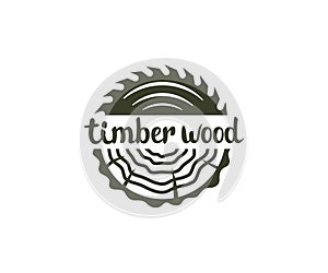 Circular saw wood, timber wood with tree rings, logo design. Lumber, industrial wood and wood in nature, vector design