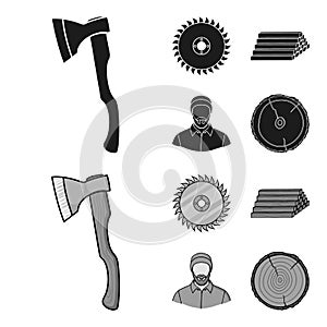 Circular saw, a working carpenter, a stack of logs. A sawmill and timber set collection icons in black,monochrom style