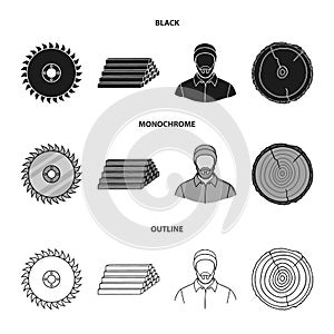 Circular saw, a working carpenter, a stack of logs. A sawmill and timber set collection icons in black,monochrome