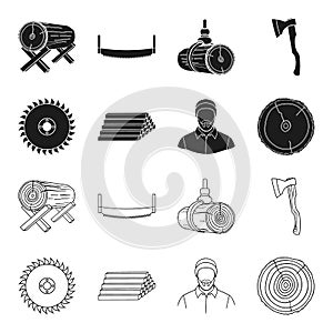 Circular saw, a working carpenter, a stack of logs. A sawmill and timber set collection icons in black,outline style