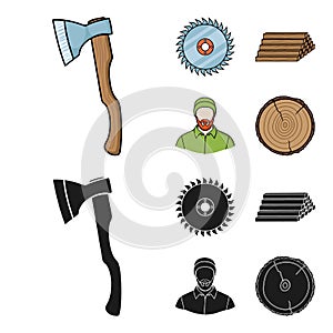 Circular saw, a working carpenter, a stack of logs. A sawmill and timber set collection icons in cartoon,black style