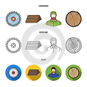 Circular saw, a working carpenter, a stack of logs. A sawmill and timber set collection icons in cartoon,outline,flat
