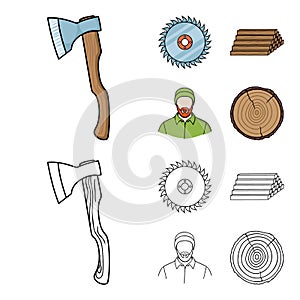 Circular saw, a working carpenter, a stack of logs. A sawmill and timber set collection icons in cartoon,outline style