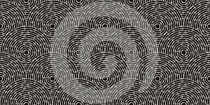 Circular seamless pattern of white labyrinth with dots on black background, flat.