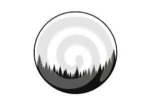 Circular silhouette design featuring a dense pine forest pattern at