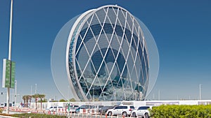 Circular skyscraper Aldar Headquarters Building timelapse in Abu Dhabi, UAE.