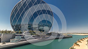 Circular skyscraper Aldar Headquarters Building timelapse in Abu Dhabi, UAE.