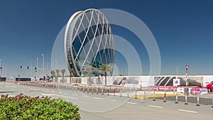 Circular skyscraper Aldar Headquarters Building timelapse hyperlapse in Abu Dhabi, UAE.