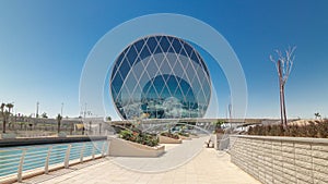 Circular skyscraper Aldar Headquarters Building timelapse hyperlapse in Abu Dhabi, UAE.