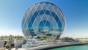 Circular skyscraper Aldar Headquarters Building timelapse hyperlapse in Abu Dhabi, UAE.