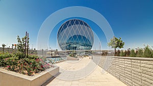 Circular skyscraper Aldar Headquarters Building timelapse hyperlapse in Abu Dhabi, UAE.