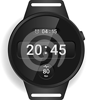 Circular Smartwatch Interface Displaying Time, Heart Rate, and Alarm photo