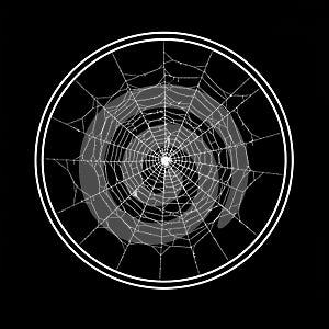 Circular spider web design in white on a black background, featuring intricate patterns photo