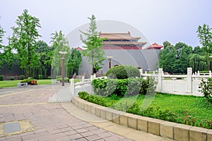 Circular square before Chinese old-fashioned castle in sunny sum