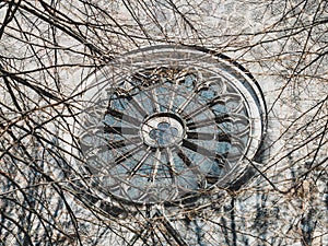 circular stained glass window in the Church