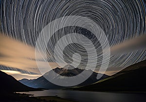 Circular star trails create a mesmerizing spiral pattern in the night sky, captured through
