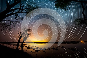 Circular star trails over the lake. Astro photography and Nightscape photography.