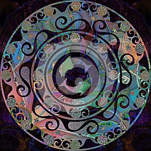 Circular stencil ornament, delf and shell colored