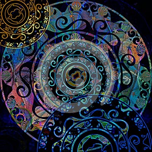 Circular stencil ornament, delf and shell colored