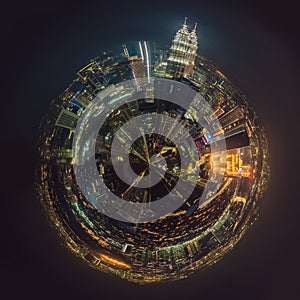 Circular, Stereographic, Polar panorama Kuala lumpur cityscape. Panoramic view of Kuala Lumpur city skyline at night