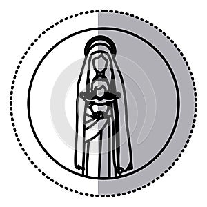Circular sticker with silhouette saint virgin mary with baby jesus