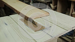 Circular table saw cutting wood in carpenter workshop