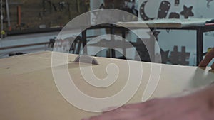 Circular table saw cutting wood sheet at carpenter workshop in slow motion