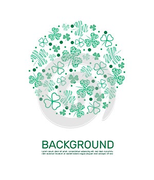 Circular template. Background with green clover and geometric shapes. Multi-colored lines. Place for text. Vector