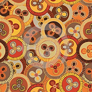 Circular, tribal pattern in earth tones with motifs of African tribes Surma and Mursi