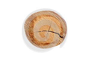 Circular trunk sawn wood with zenith view. Cracked.Isolated on white background.