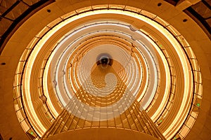 Circular tunnel ceiling in architecture structure of contemporary hotel. Luxury interior design background