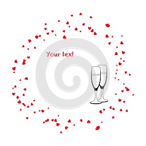 Circular vector frame with hearts shapes and champaine glasses