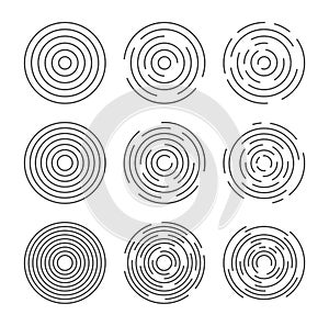Circular vector lines, circle concentric pattern design. Round graphic black ripple background. Abstract geometric vortex ring