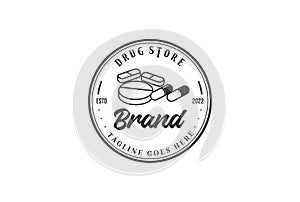 Circular Vintage Hipster Pill Caplet Capsule for Drug Medicine Store Logo Design