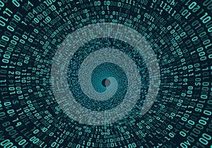Circular vortex of cascading binary code with digits 0 and 1 in blue