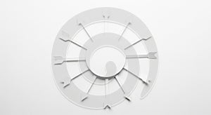 A circular, white, flat object with a smooth surface is centrally placed on a white