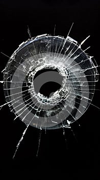 A circular window has been shattered, leaving behind a dramatic arrangement of cracked and fragmented glass in various