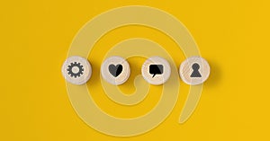 The circular wooden block is placed on a yellow background, on the wooden block there is a contract displayed. Wood block concept photo