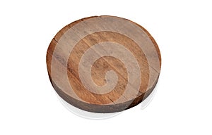 Circular wooden cutting board isolated cutout on white background. Overhead view, copy space