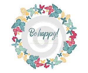 Circular wreath with butterflies. round frame. Greeting card. Butterfly pink green red on white background. Vector. card happy bir