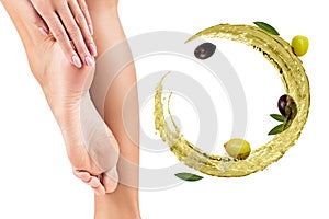Circulate splash of olive oil near female feet. Skincare concept.