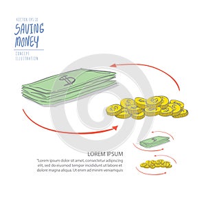 Circulating money of coins and dollar. Drawing paint flat vector photo