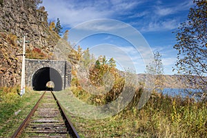 Tunnel on the Circum-Baikal Railway at autumn near Baikal Lake, Slyudyansky district, Russia