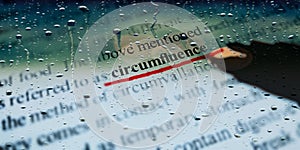 circumfluence text underlined in red color text water drops abstract background