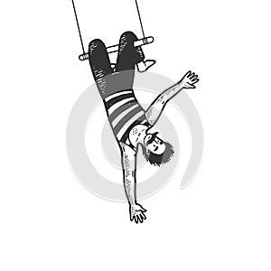 Circus acrobat on trapeze sketch engraving vector