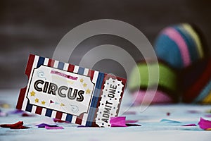 Circus admission ticket and juggling balls