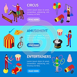 Circus Amusement and Attraction Banner Horizontal Set Isometric View. Vector