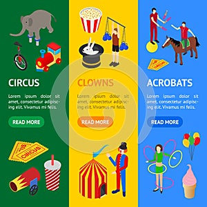 Circus Amusement and Attraction Banner Vecrtical Set Isometric View. Vector