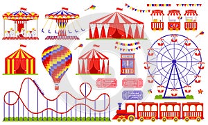 Circus, amusement park, carnival fair set. Vector illustration. Flat design