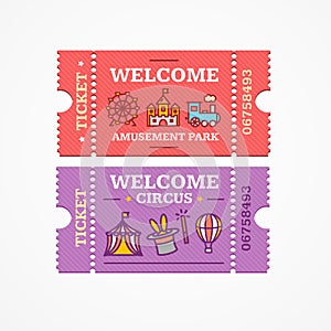 Circus and Amusement Park Tickets Flat Icon Set. Vector